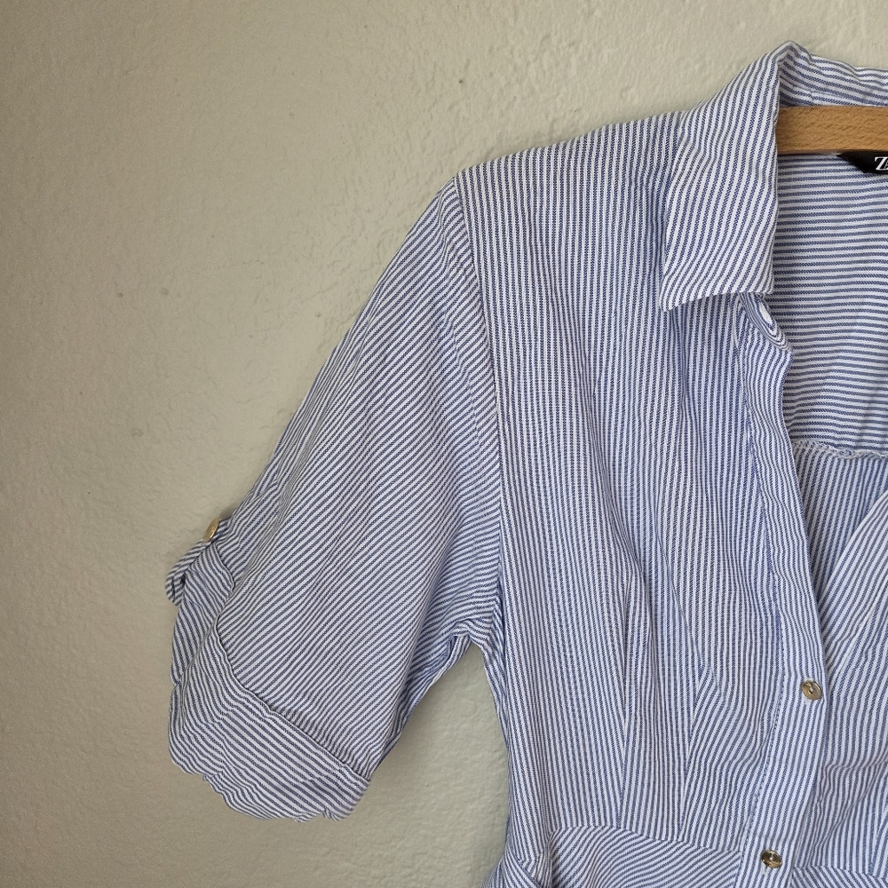 Zara Womens Blue White Striped Sz Small Buttom Collar Belted Shirt Dress - Picture 3 of 16